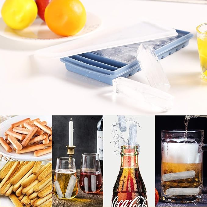 LessMo 2 PCS Ice Cube Tray, Long Ice Stick Tray Silicone with Lid, Rectangular Narrow Stick, Reusable, Flexible, Easy Release, for Small Mouth Sport Bottles, Juice Bottles, Cocktail Parties, Blue