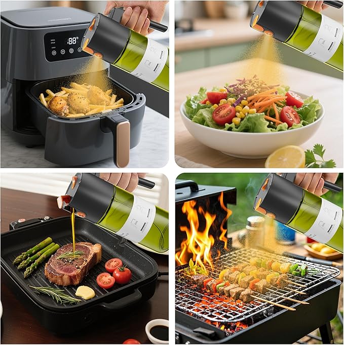 LAKUMIQI 2 in 1 Oil Sprayer for Cooking, 17oz Light-Blocking Glass Spray Bottle with Stickers, Oil Dispenser for Salad, Air Fryer & BBQ