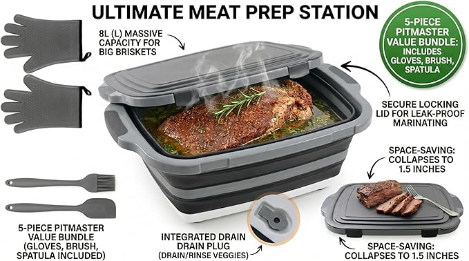 Collapsible BBQ Prep Tub with Lid & Cutting Board 8L - Meat Marinating Basin & Grill Carry System - 5pc Set with Heat Resistant Gloves, Basting Brush & Spatula(Black, Large, 8L)