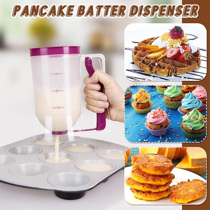 FillTouch 2 Pcs Cupcake Batter Dispenser Pancake Mix Dispenser 4 Cups with Squeeze Handle Tools for Pancake, Cupcake, Cookie, Cake, Waffles, Ice Cream Baking Gifts for Kitchen Housewarming (Purple)
