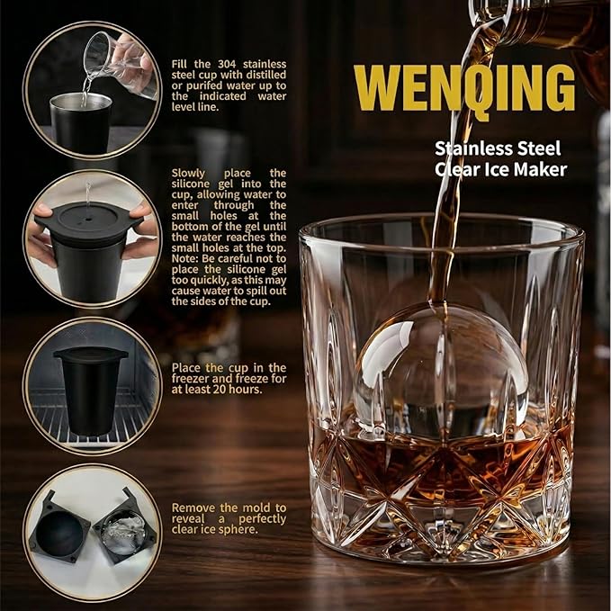 2.5" Clear Ice Ball Maker - Stainless Steel Sphere Ice Mold for Whiskey & Cocktails, Crystal Clear Round Ice Cube Tray with Easy-Release Silicone, Bourbon Gifts for Men, 2 Pack (Black)