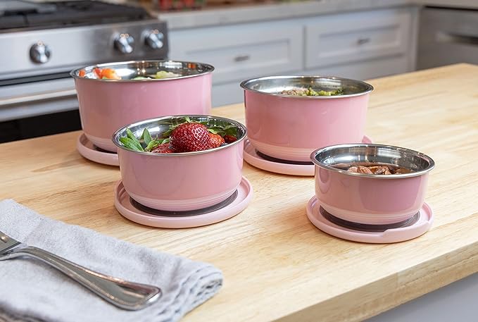 MIRA Stainless Steel Food Storage Set - 4 Anti-Slip Containers for Meal Prep - Multi-Size Pack (1, 2, 3, 5 Cups), Dusty Pink