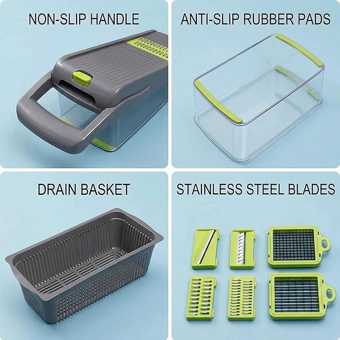 15-in-1 Vegetable Chopper, Multifunctional Mandoline Slicer with 8 Interchangeable Blades, with Container for Fruits, Veggies, Potato, Onion, Tomato – Kitchen Dicer Cheese Grater. By Lonachamari