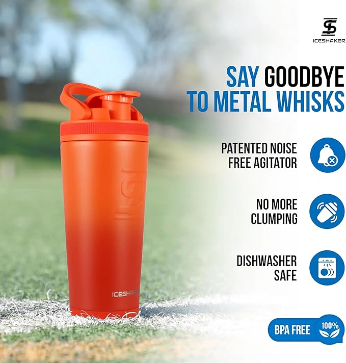 Ice Shaker Insulated Stainless Steel Shaker Bottle | 26oz, Orange Color Rush | Cold for 30+ Hours | Insulated Cup with Twist-on Agitator | Bottle for Protein Shakes, Smoothies, Cocktails