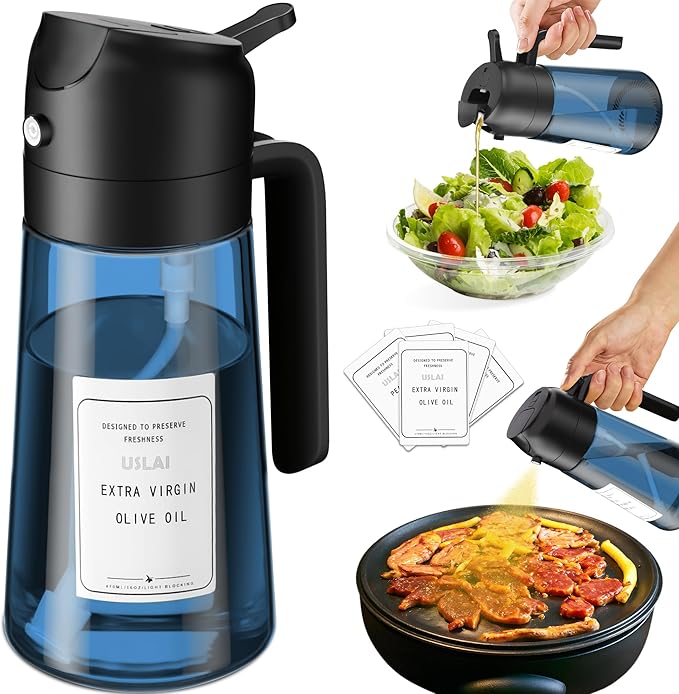 USLAI Oil Sprayer for Cooking, 16oz/470ml 2 in 1 Glass Olive Oil Dispenser Bottle for Kitchen, Air Fryer, BBQ and Salad - Blue