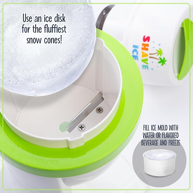 Nostalgia Snow Cone Machine With 1 Reusable Plastic Cup & Dual Ice Molds– Retro Table-Top Shaved Ice Maker with Stainless Steel Blades for Fluffy Ice- Slushie Machine for Fun Gatherings- White & Green