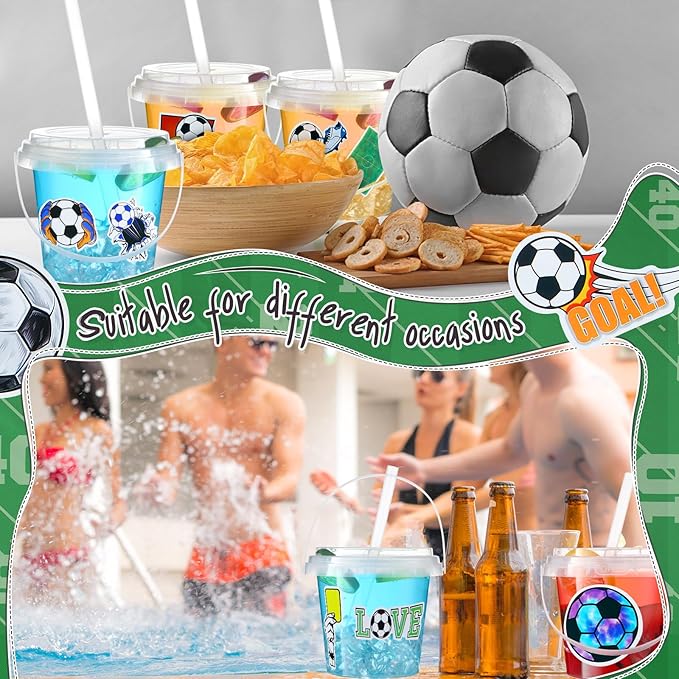 Funnymoom 50 Set Soccer Drinks Buckets with Lids and Straws 24oz Clear Plastic Ice Coffee Cups Disposable Rum Cocktail Pails with Handles for Adult Sports Viewing Game Day & Tailgate Party Supplies