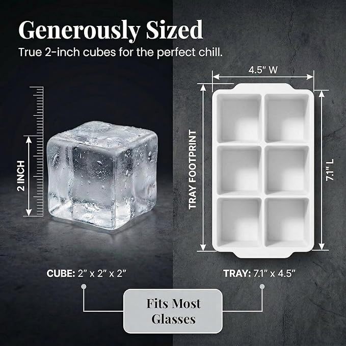 KitchFort Large Silicone Ice Cube Tray (2-Pack), Easy Release 2" Big Ice Cubes - Cocktail, Whiskey Ice Cubes Mold - Ice Trays for Freezer with Lid - Stackable Silicone Ice Tray - White