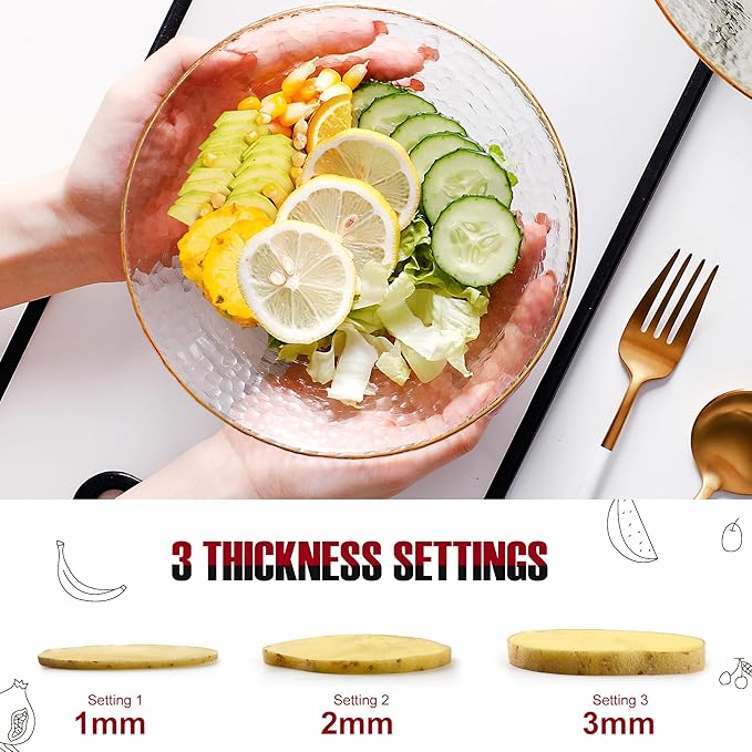 Mandoline Slicer with Hand-Held, Vegetable Slicer with Food Holder， Adjustable Stainless Steel Blade, Comfort Grip, Easy to Clean, Ideal for Speedy Slicing of Fruits and Vegetables