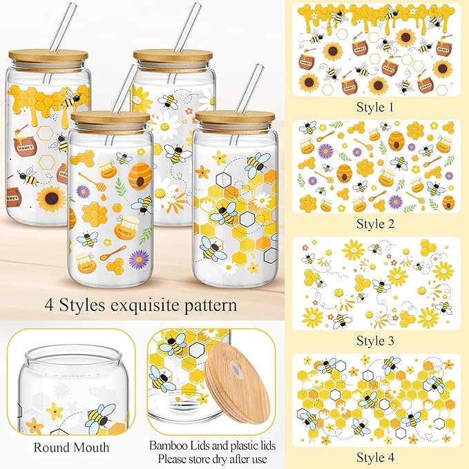 Mumufy 4 Pack Glass Cup with Bamboo Lid & Straw, 16 oz Iced Coffee Tumbler Set of 4, Honey Bee Floral Glass Cups, Reusable Clear Drinking Glasses for Iced Coffee, Tea, Smoothies, Gift for Women
