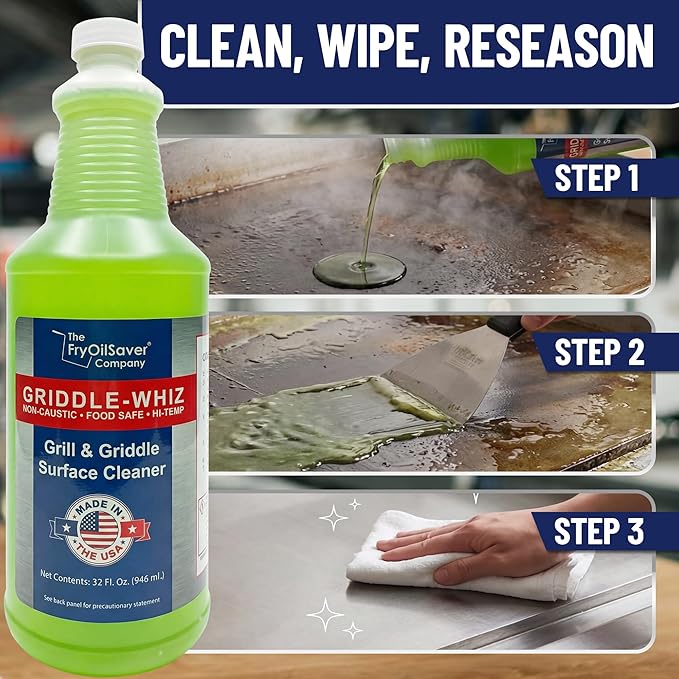 Griddle-Whiz Grill & Griddle Cleaner | Removes Grease, Food Residue, Burnt On Organics | Non-Toxic High Heat Flat Top Grill Cleaner & Food Contact Surface | Non-Caustic Formula by FryOilSaver (32oz)