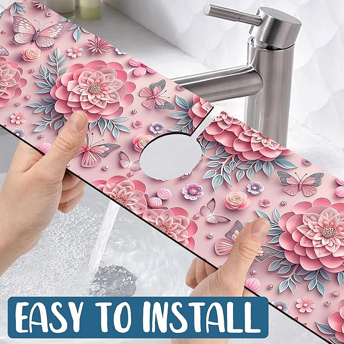 Pink Floral Sink Splash Guard Faucet Mat Flower Butterfly Super Absorbent Fast Drying Mat Sink Gadgets-Splash Guard Behind Faucet Drip Catcher for Kitchen Bathroom, 23.5"x5.5"