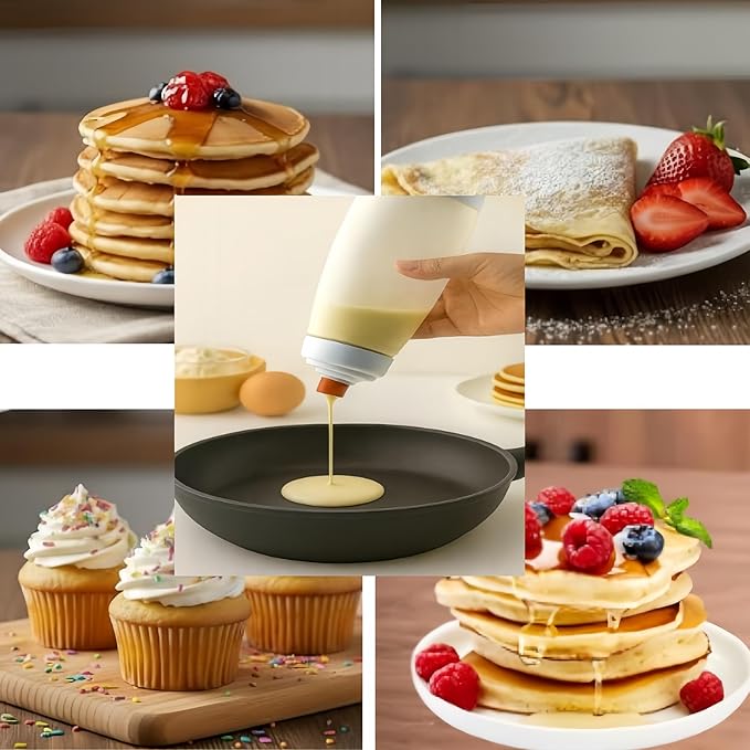 2Pack Leak proof 2-in-1 Pancake Battery Dispenser, Battery Mixer and Dispenser with Whisk Ball, with silicone spatula and spoon, easy to grip squeeze bottle for pancakes, waffles and baking