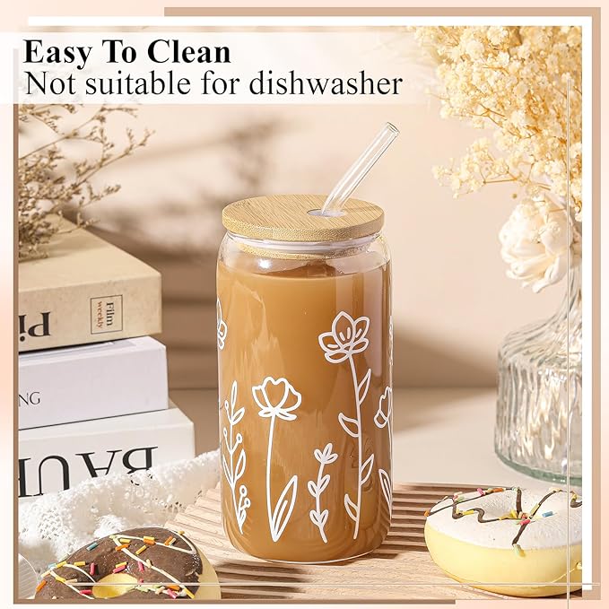 Mumufy 1 Pack Bridesmaid Gift Glass Cups, Cute Flower Mason Jars with Bamboo Lids & Straws, 16oz Iced Coffee Tumblers for Wedding, Bridal Party, Birthday, Mother's Day(Boho Flower)
