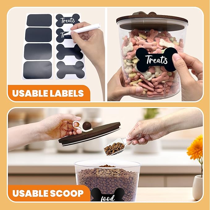 HOYTAMDAR 3 Pack Airtight Dog Food Storage Container, Dog Treat Container Dog Food Container with Wood Lids 8x7''&6x5'',Pet Food Storage Container,Cat Food Containers with Scoops,Clamp,Labels,Pens