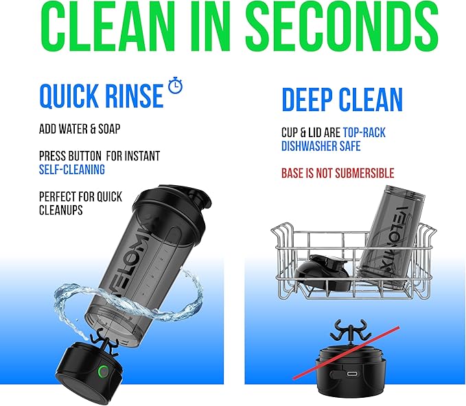 VELOMIX Electric Protein Shaker Bottle - 24 oz | USB-C Rechargeable | Leak Proof Shaker Cups for Protein Shakes | Portable Blender for Shakes and Smoothies (Electric - Black)