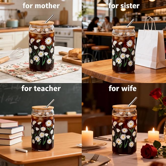 JOYMIA Glass Cups with Lids and Straws — 2026 Update Daisy 16oz Cute Glass Cups Daisy Flower Design Tumbler for Iced Coffee, Smoothies & Juice, Leakproof & BPA-Free, Gift for Women,Mother