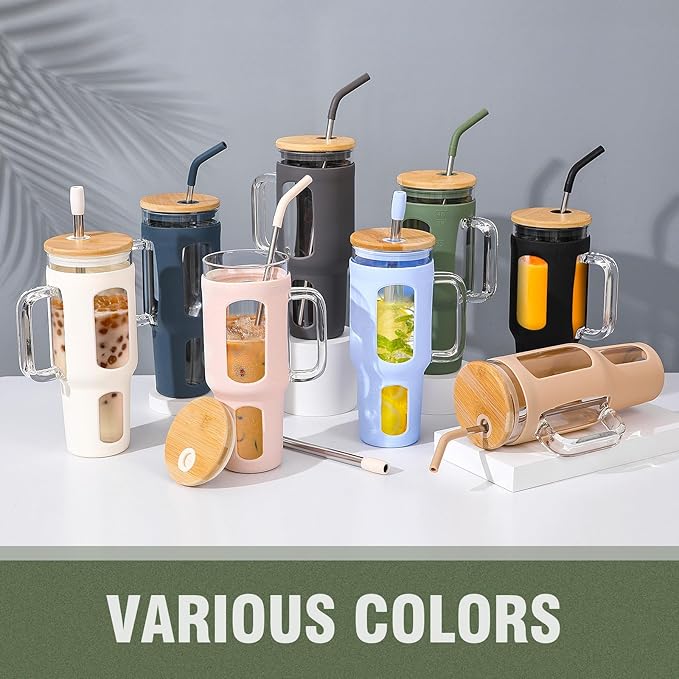 WINSA Glass Tumbler with Lid and Straw, 46 oz Iced Coffee Cup with Handle, Large Water Bottles with Silicone Sleeve, Glass Cup with Straws - Pearl Straw & Drinking Straw BPA Free-Olive