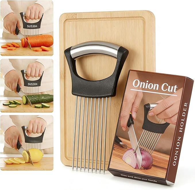 Stainless Steel Onion Holder & Slicer - Multi-Fruit Vegetable Fixing Tool with Sharp Prongs for Tomato, Lemon, Avocado - Safe Kitchen Gadget