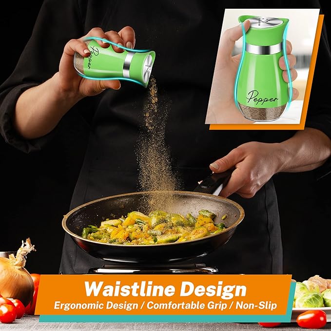 Salt and Pepper Shakers Set,4 oz Glass Bottom Salt Pepper Shaker with Stainless Steel Lid for Kitchen Cooking Table, RV, Camp,BBQ Refillable Design (Green)
