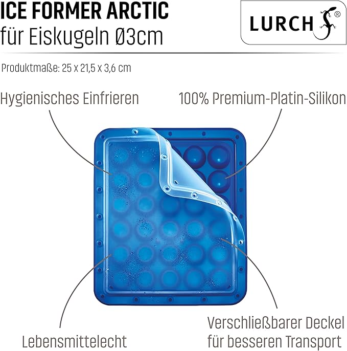 Lurch 240775 Ice Former Arctic Ball 3 cm Blue Ice Cube Tray for 30 Ice Cubes with Transparent Lid Blue