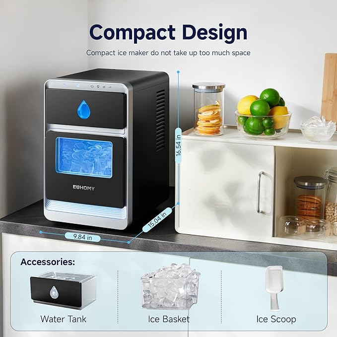 EUHOMY LunaArc Crescent Ice Maker Countertop, 16Pcs Ready in 12Mins, 1600Pcs/Day, Auto Deep Cleaning, Timer, Adjustable Ice Thickness, Portable Ice Cube Maker for Whiskey/Coffee/Soft Drinks