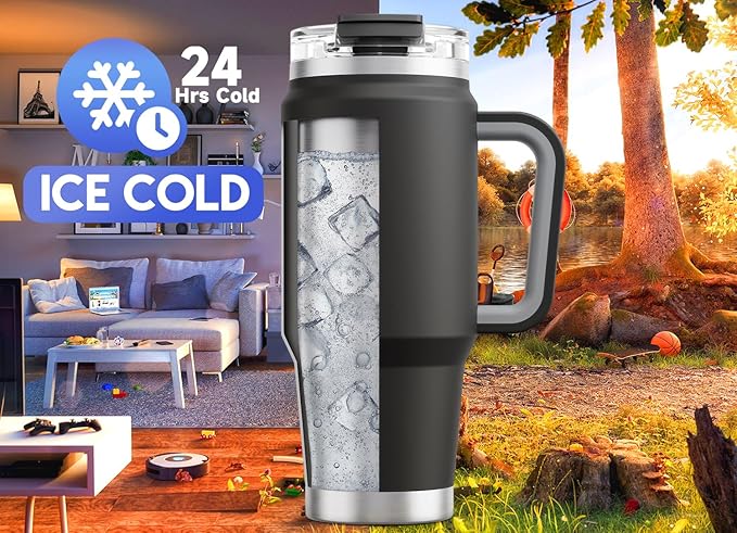 Meoky 32 oz Tumbler with Handle, Insulated Tumbler with Lid and Straw, Stainless Steel Travel Mug, Keeps Cold for 24 Hours, 100% Leak Proof, Fits in Car Cup Holder (Night)