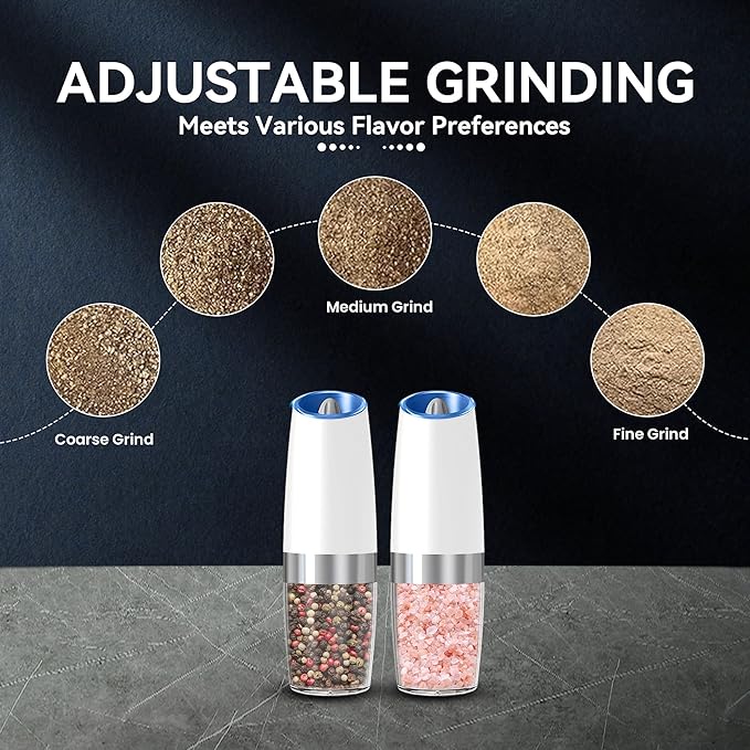 UNNEES Gravity Electric Salt and Pepper Grinder set of 2, Automatic Salt And Pepper Grinder Set, Adjustable Roughness, Battery Powered, LED Light, 2 Pack, (White)