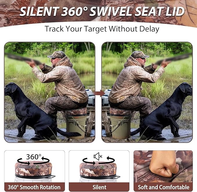 5 Gallon Bucket Seat with 3" Thick Seat Foam Cushion, 360°Swivel Bucket Lid Seat, Waterproof & Silent Bucket Seats for Dove Duck Hunting, Ice Fishing, Baseball, Camping