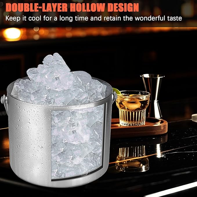 Ice Bucket, 3L Double-Wall Stainless Steel Insulated Ice Bucket With Lid and Ice-Tong, Ice-Buckets for Parties Home Bar, Chilling Beer, Champagne, Wine Bottle(Silver)