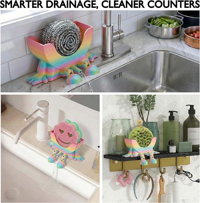 Cute Hanging Sponge Holder with Drainage & Legs, 3D Printed Funny Sink Stand for Round Sponges, Aesthetic Kitchen Sink Edge Organizer, Countertop Decor, Quick-Drying Storage Cleaning Gadget