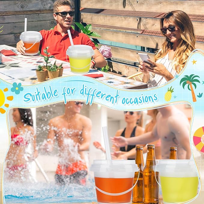 Funnymoom 30 Set 24oz Disposable Plastic Drink Buckets with Lids and Straws Frosted Iced Coffee Cups Rum Buckets for Cocktail Parties Smoothie Cup Bulk with Handles for Beach Pool Party Supplies