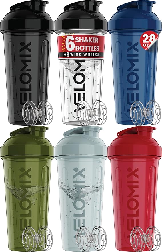 VELOMIX -6 PACK- 28 oz Protein Shaker Bottle for Protein Mixes -6x Wire Whisk | Leak Proof Shaker Cups for Protein Shakes | Large, Stackable Protein Shaker Bottle Pack