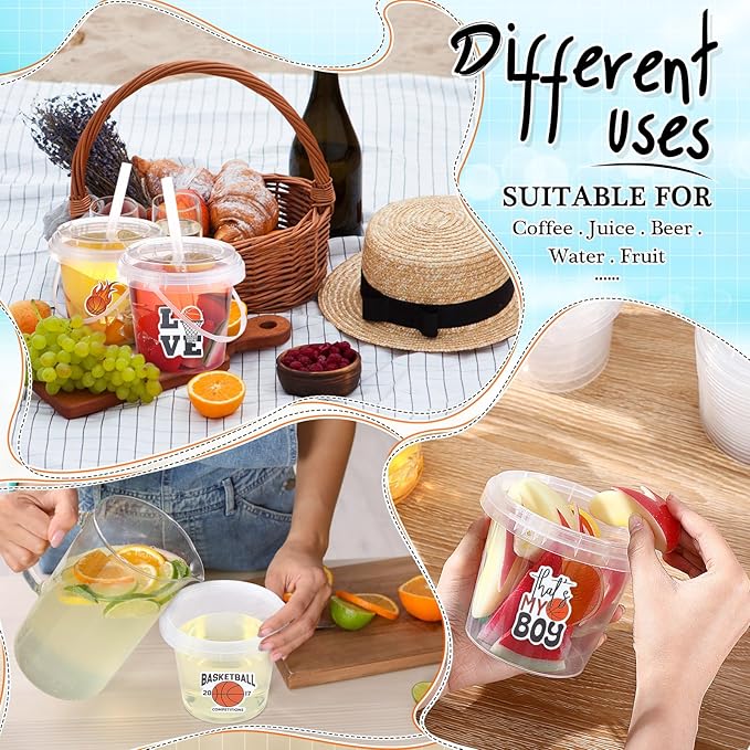 Funnymoom 30 Set Basketball Drink Buckets with Lids and Straws Clear Plastic Cups Disposable Rum Cocktail Pails with Handles & Stickers for Adult Sports Watch Party Favors Hoops Game Day & Tailgate