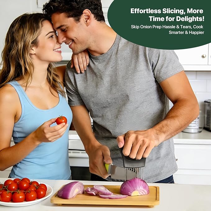 【2 PCS】Onion Slicer, Onion Holder for Slicing - Stainless Steel Vegetable & Fruit Cutter for Onions, Tomatoes, Potato, Avocado, Lemon, Eggs, Meat | Kitchen Chopper Gadget with Neat Guide & Tenderizer