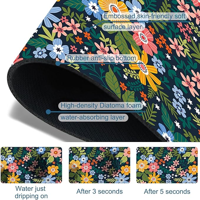 Colorful Flower Kitchen Sink Splash Guard Faucet Mat Flowers Leaves Super Absorbent Fast Drying Mat Sink Splash Guard Behind Faucet for Kitchen Bathroom, 23.5"x5.5"