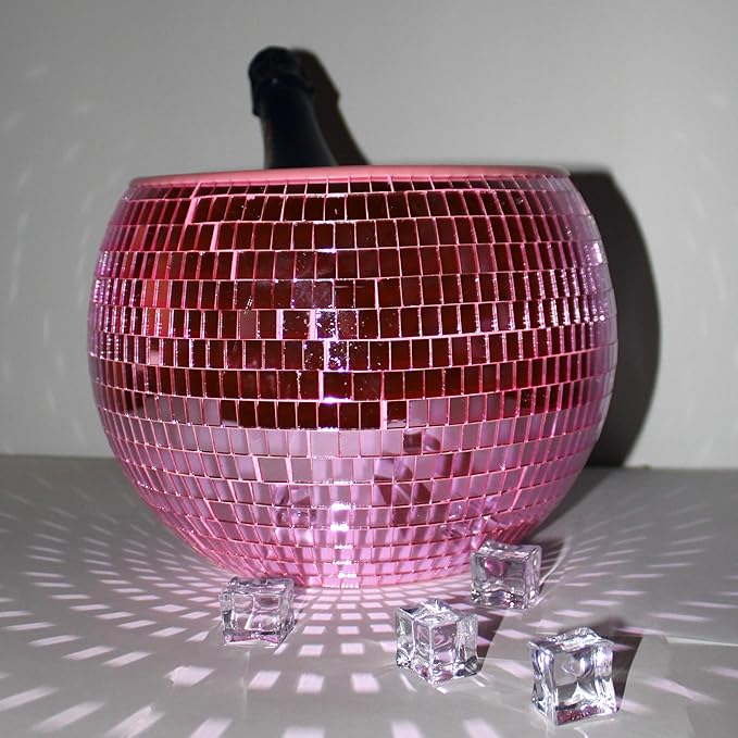 NPW Pink Disco Ball Ice Bucket – Mirrored Cocktail & Champagne Ice Bucket for Parties, Girls’ Night & Bachelorette