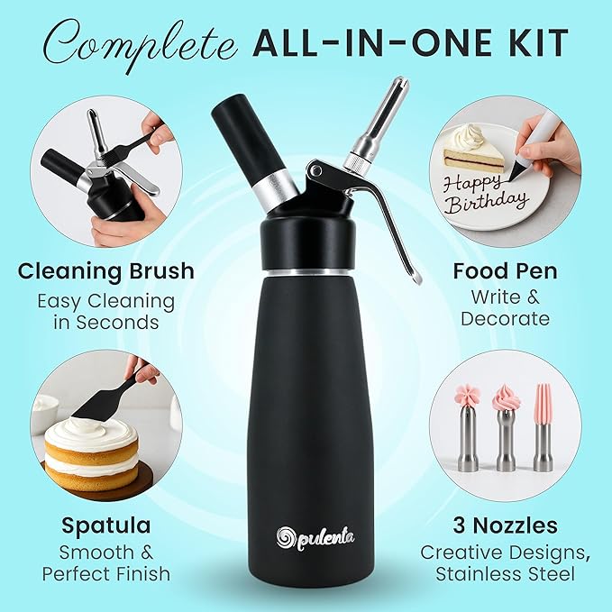 Premium Whipped Cream Dispenser – Leak-Proof Whip Maker with 3 Stainless Steel Nozzles, Spatula, Food Pen & Brush – Professional Whipped Cream Maker Canister – N2O Not Included – 500ml
