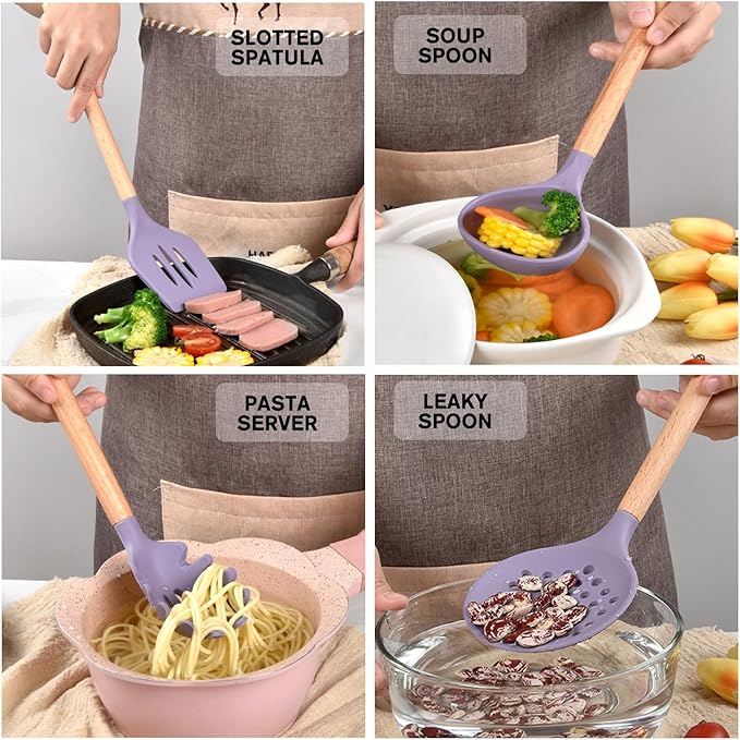 Silicone Kitchen Utensil Set,8 Pieces Cooking Kitchen Utensils Set with Wooden Handle,Non Stick Silicone Gadgets Utensil Set with Holder,Heat Resistant Cooking Tools Set for Cooking (Purple)