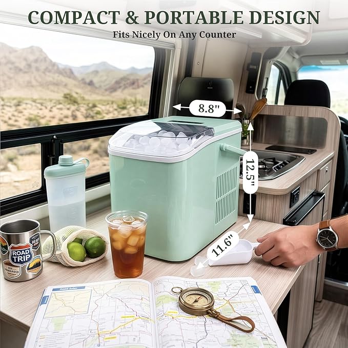 Ice Maker, Portable Ice Makers Countertop with Handle, Basket & Scoop, 26Lbs/24Hrs, 9 Bullet Ice Cubes in 6 Mins, 2 Ice Sizes, Self-Cleaning, Quiet Compact Ice Machine for Home Kitchen Party, Green