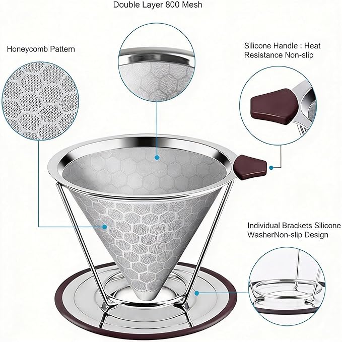 Vikuces®800 Mesh Reusable Pour Over Coffee Dripper, Metal Stainless Steel Honeycomb Filter, Paperless Cone Filter for Hario V60, Chemex and Mugs with Separate Stand, Single Cup Coffee Maker, 1-4 Cup