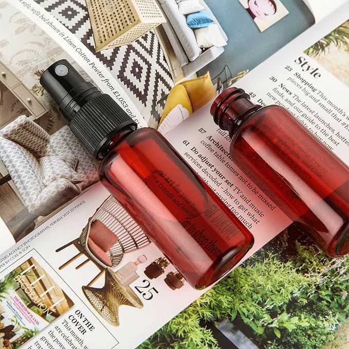 60PCS 1 oz Amber Spray Bottles for Essential Oils Small Plastic Spray Bottle with Funnel & Stickers Refillable 1oz Empty Mini Mister Spray Bottle for Travel Cleaning Beauty