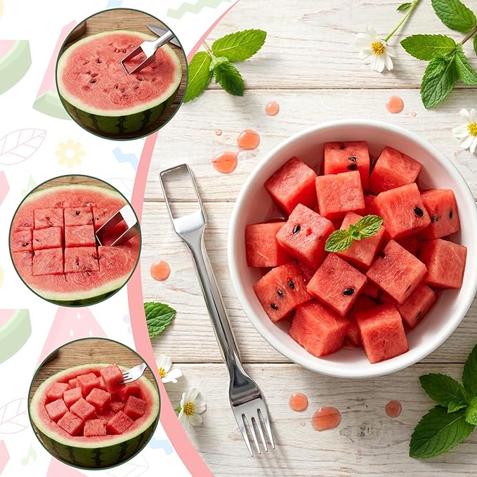 2-in-1 Watermelon Cutter, Stainless Steel Fruit Watermelon Slicer Dual Head Watermelons Fork Slicer Tool, Summer Fruit Cutting Kitchen Gadget Portable Kitchen Tool for Home