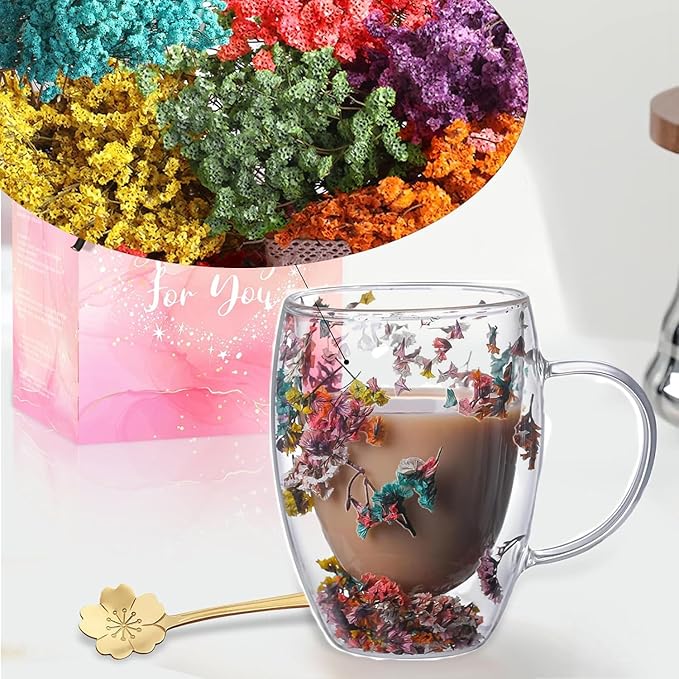 Gifts for Women Dried Flowers Double Wall Glass Coffee Mugs Cute Glass Tea Cups with Handles Autumn Mug Christmas Birthday Gifts for Best Friend Teacher Mum Gift New Home Gift Ideas Home Decor
