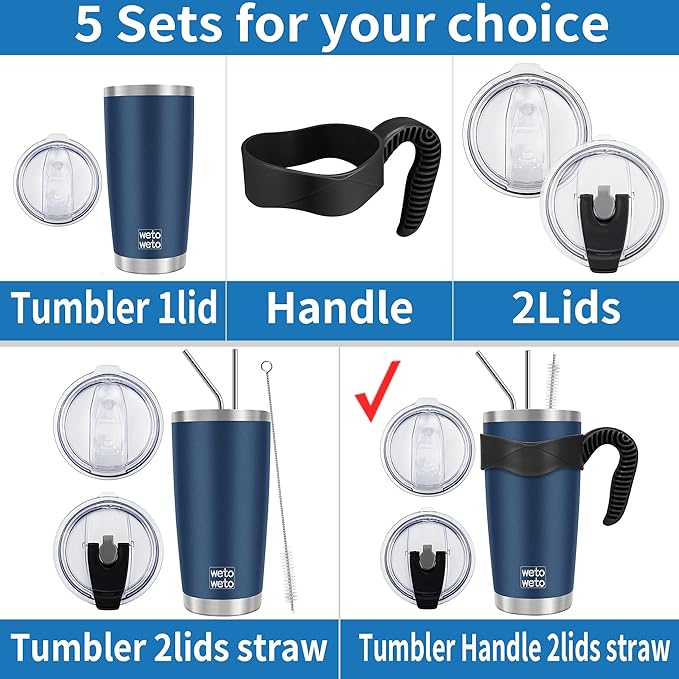 WETOWETO 20oz Tumbler with 2 lids and 2 straws, Stainless Steel Vacuum Insulated Water Coffee Tumbler Cup with Handle, Double Wall Powder Coated Spill-Proof Travel Mug Thermal Cup (Navy Blue, 1 Pack)