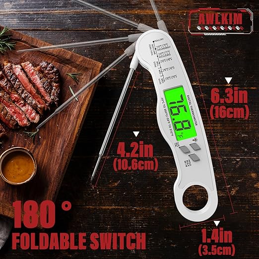 Fast Instant Read Meat Thermometer with Backlight - Waterproof Digital Food Probe for Grilling, Cooking, Baking & Candy Making - Kitchen & BBQ Essential(White)