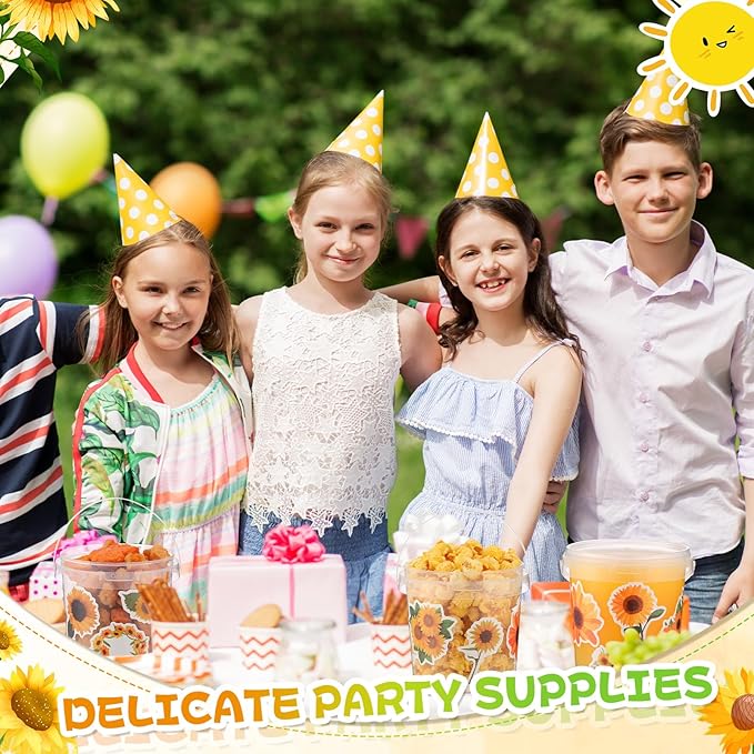 PerKoop 20 Pcs 32 oz Ice Cream Buckets with Lids and Handles Clear Cocktail Rum Buckets with Stickers Plastic Transparent Tub Reusable Food Storage Containers for Parties(Sunflower)