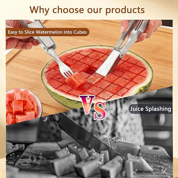 Watermelon Cutter, 2-in-1 Stainless Steel Fruit Cutter, Dual Head Watermelon Fork Slicer Tool, Summer Fruit Cutting Kitchen Gadget for Home (Fold-1PCS)