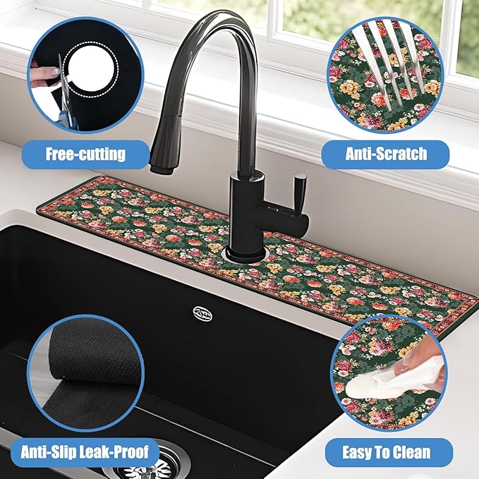 Sink Faucet Absorbing Mat Colorful Flowers Sink Splash Guard Drying Mat for Kitchen Bathroom Faucet Sinkmat 23.5"X5.5"