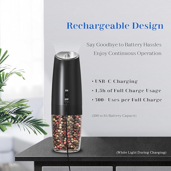 UNNEES Rechargeable Electric Salt and Pepper Grinder Set, Gravity Activated, Adjustable Coarseness, LED Light, USB Charging, Ceramic Core, 150ml Transparent Hopper, Black